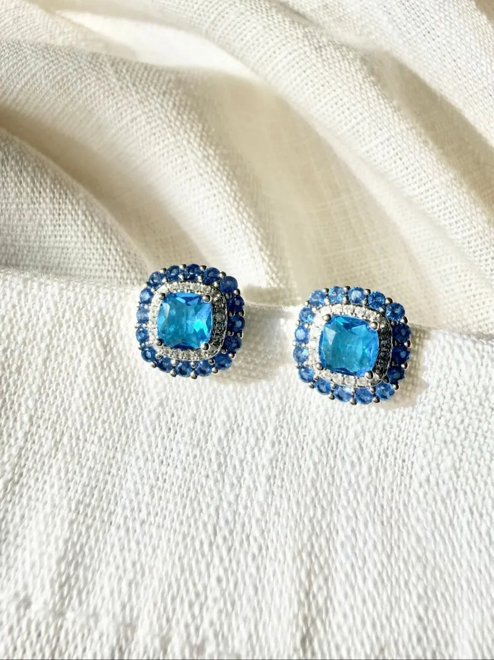 Sapphire Blue Cubic Zirconia Cushion Halo Stud Earrings Silver Tone